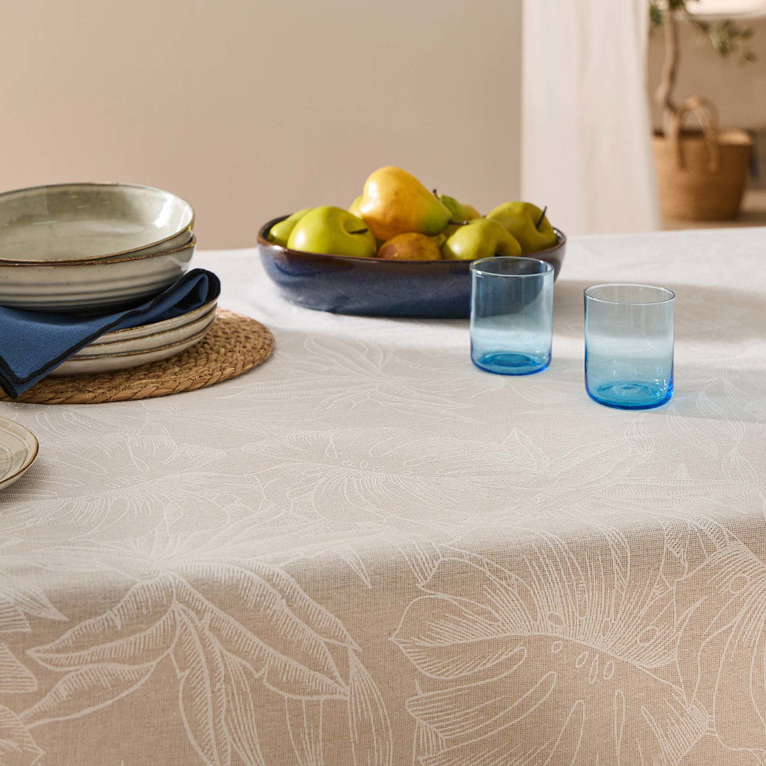 Lorenza – Stofdug i hørlook med stort bladmønster – 140 x 240 cm, nærbillede