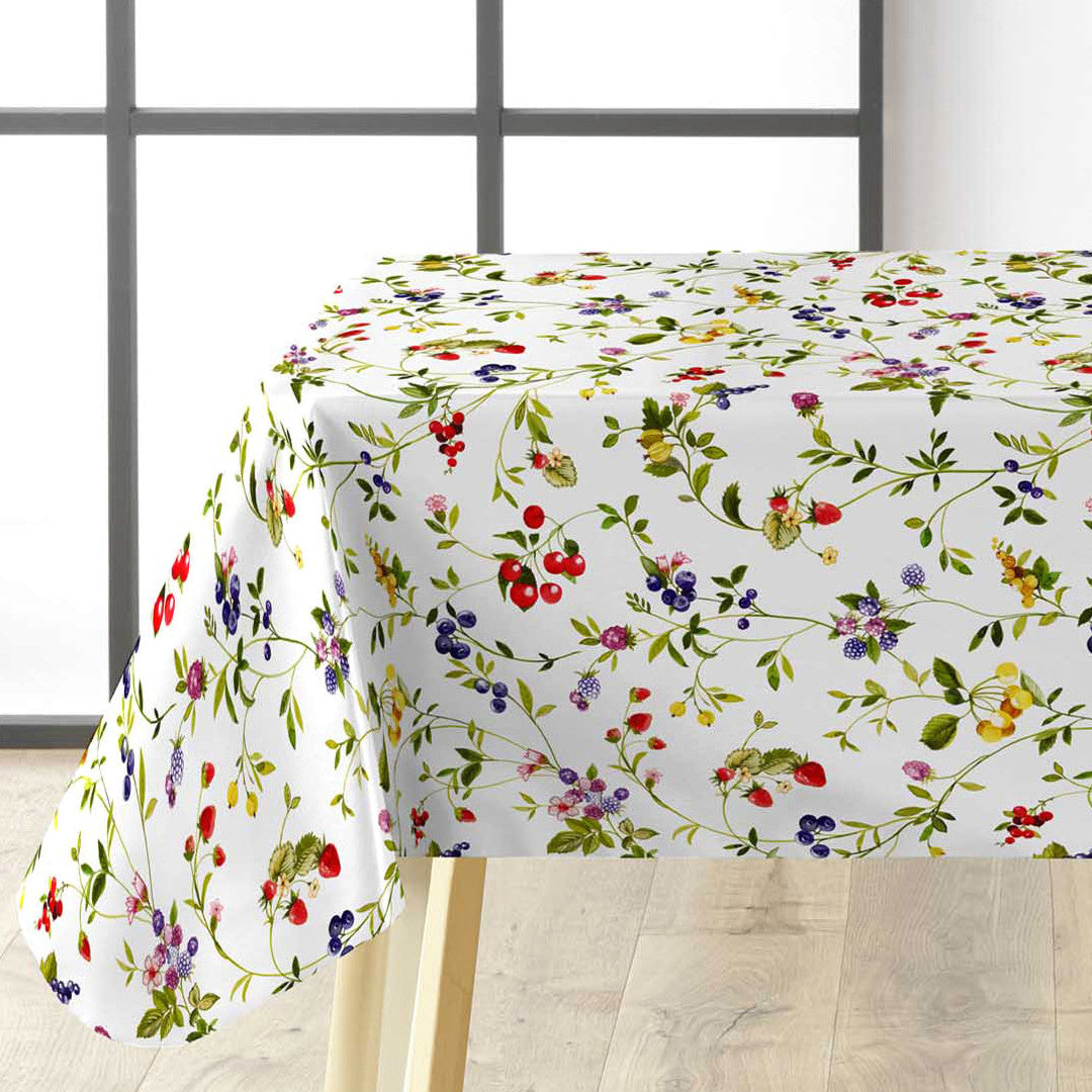 Lydia Sommerbær - Voksdug med vilde bær og blomster i glade farver, hjørne