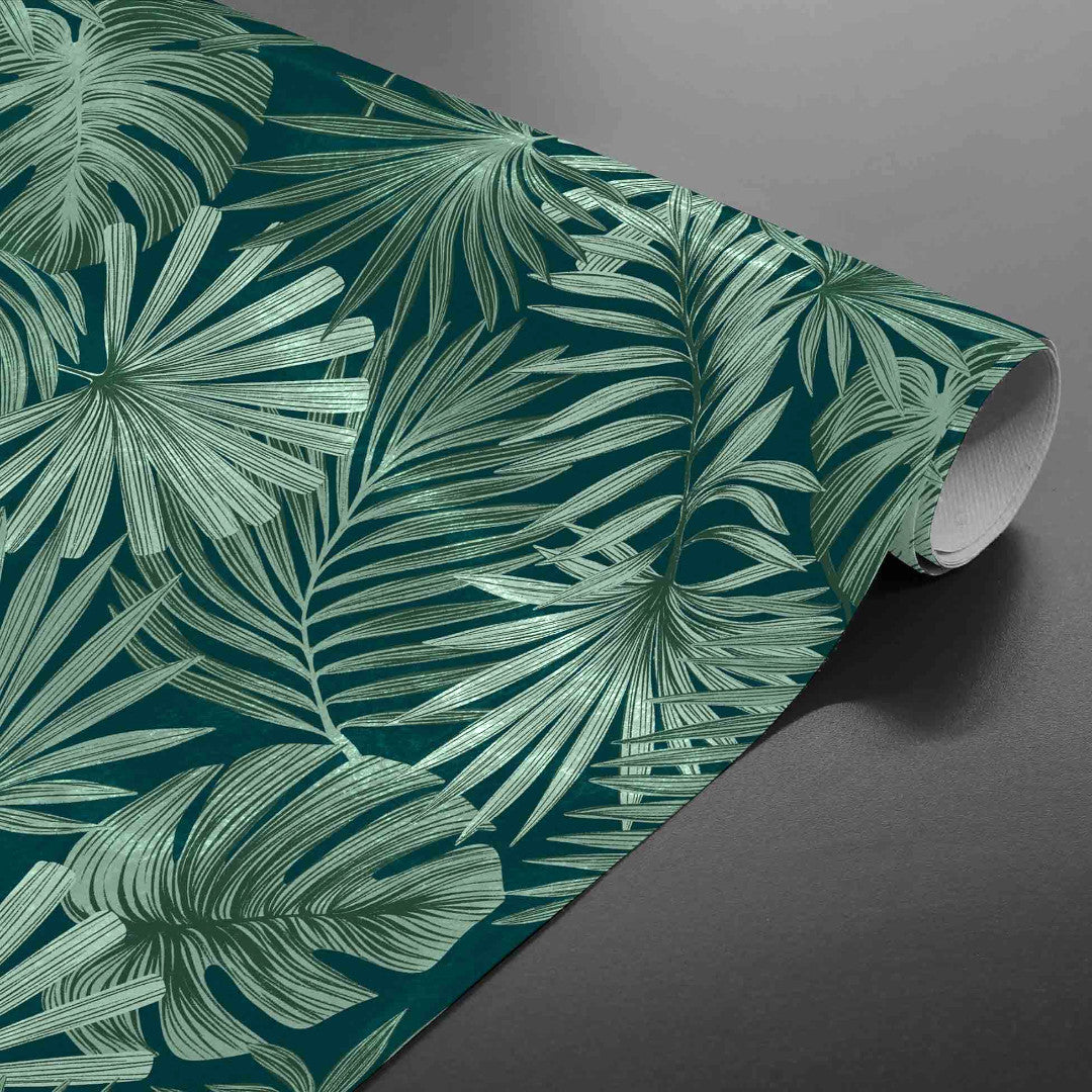 Malawi Vert - Voksdug med grafisk palmebladsmønster, rullet