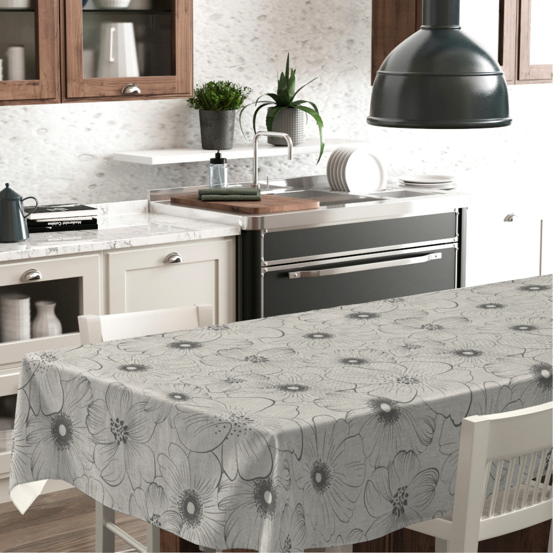 Mare Grå – Voksdug med blomsterprint og hørlook, miljø