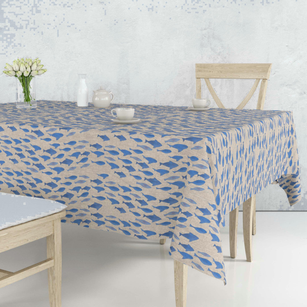 Marino Blåfisk – Akryldug i hørlook med maritimt mønster