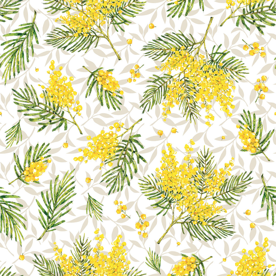 Mimosa Sunshine – Voksdug med friske blomster, 160 cm, mønster