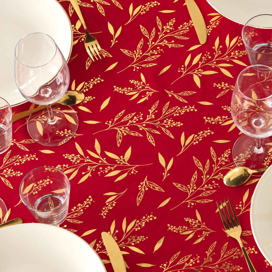 Naelle Rød/Guld - Juledug med gyldne blade, 140 x 240 cm, nærbillede