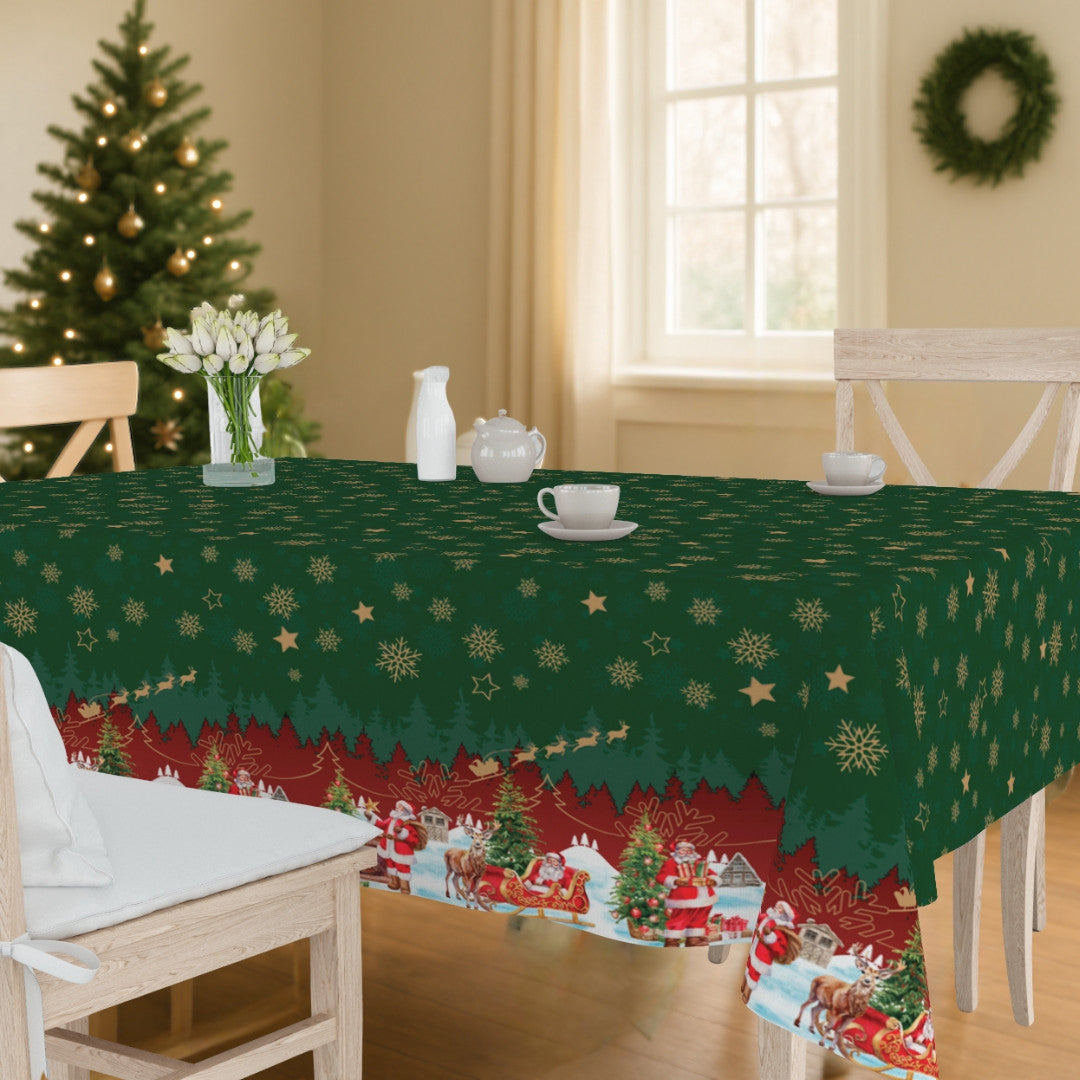 Nisseby – Grøn julevoksdug med julemand og sneklædt landskab