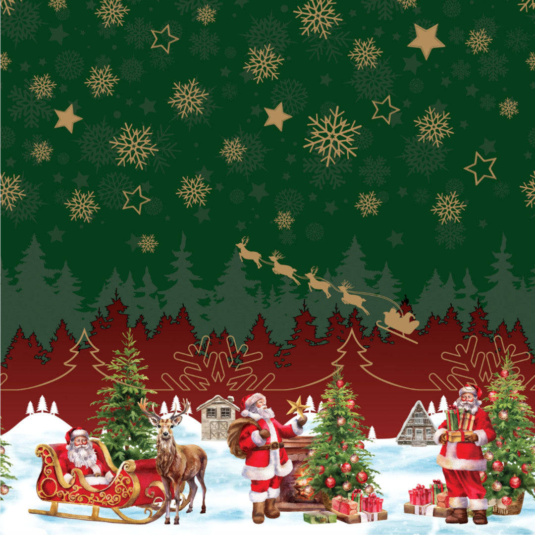 Nisseby – Grøn julevoksdug med julemand og sneklædt landskab, mønster