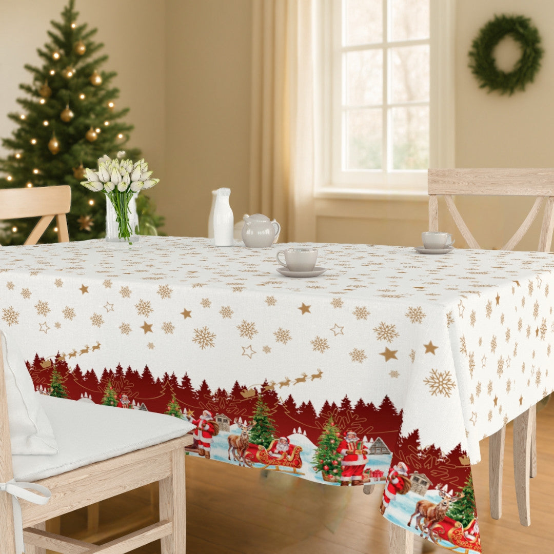 Nisseby – Hvid julevoksdug med julemand og sneklædt landskab