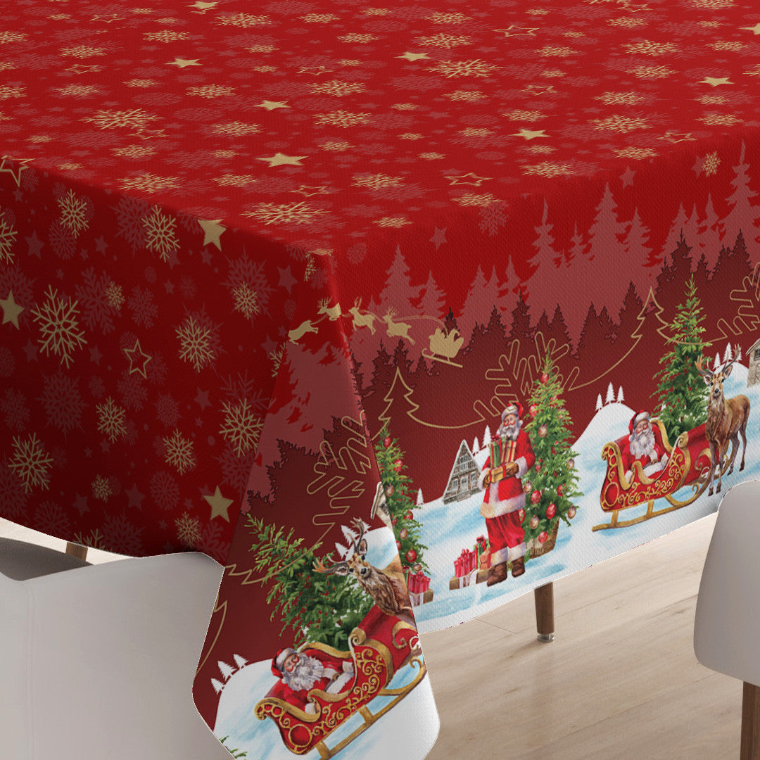 Nisseby – Rød julevoksdug med julemand og sneklædt landskab, hjørne