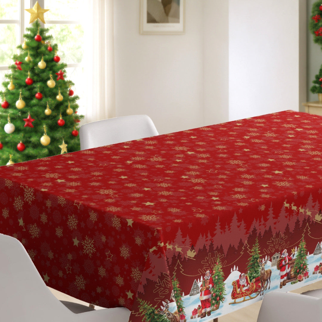 Nisseby – Rød julevoksdug med julemand og sneklædt landskab, julemiljø