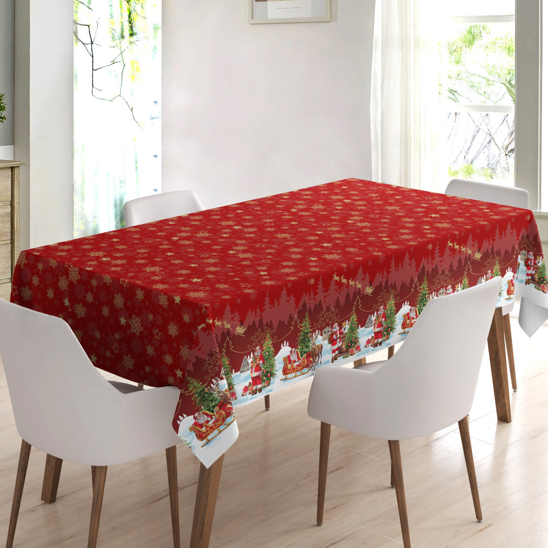 Nisseby – Rød julevoksdug med julemand og sneklædt landskab, miljø