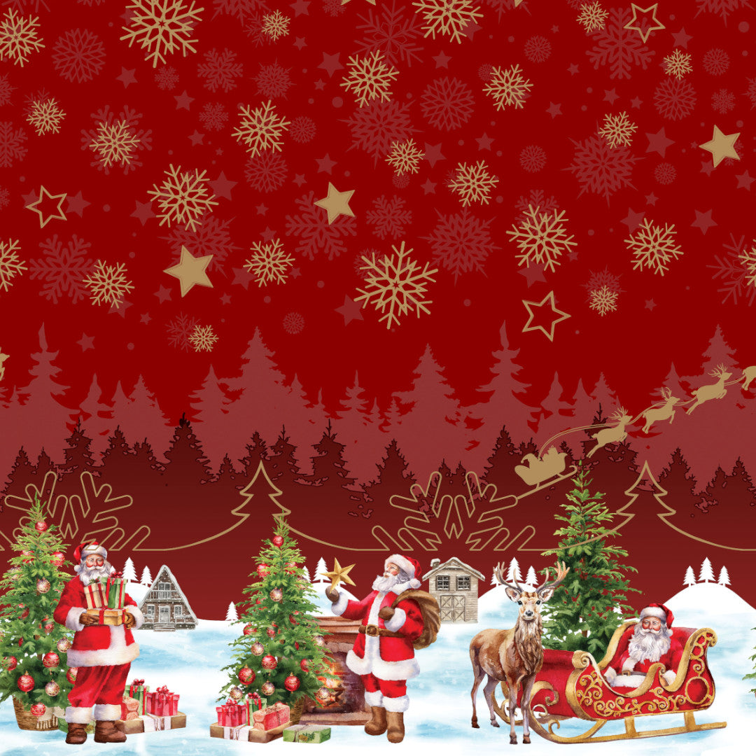 Nisseby – Rød julevoksdug med julemand og sneklædt landskab, mønster