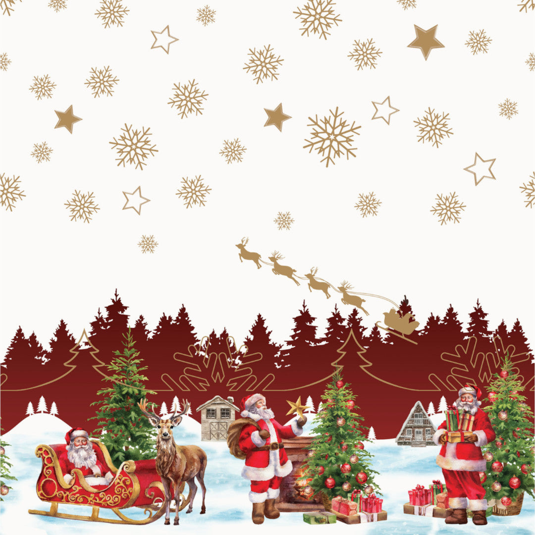 Nisseby – Hvid julevoksdug med julemand og sneklædt landskab, mønster