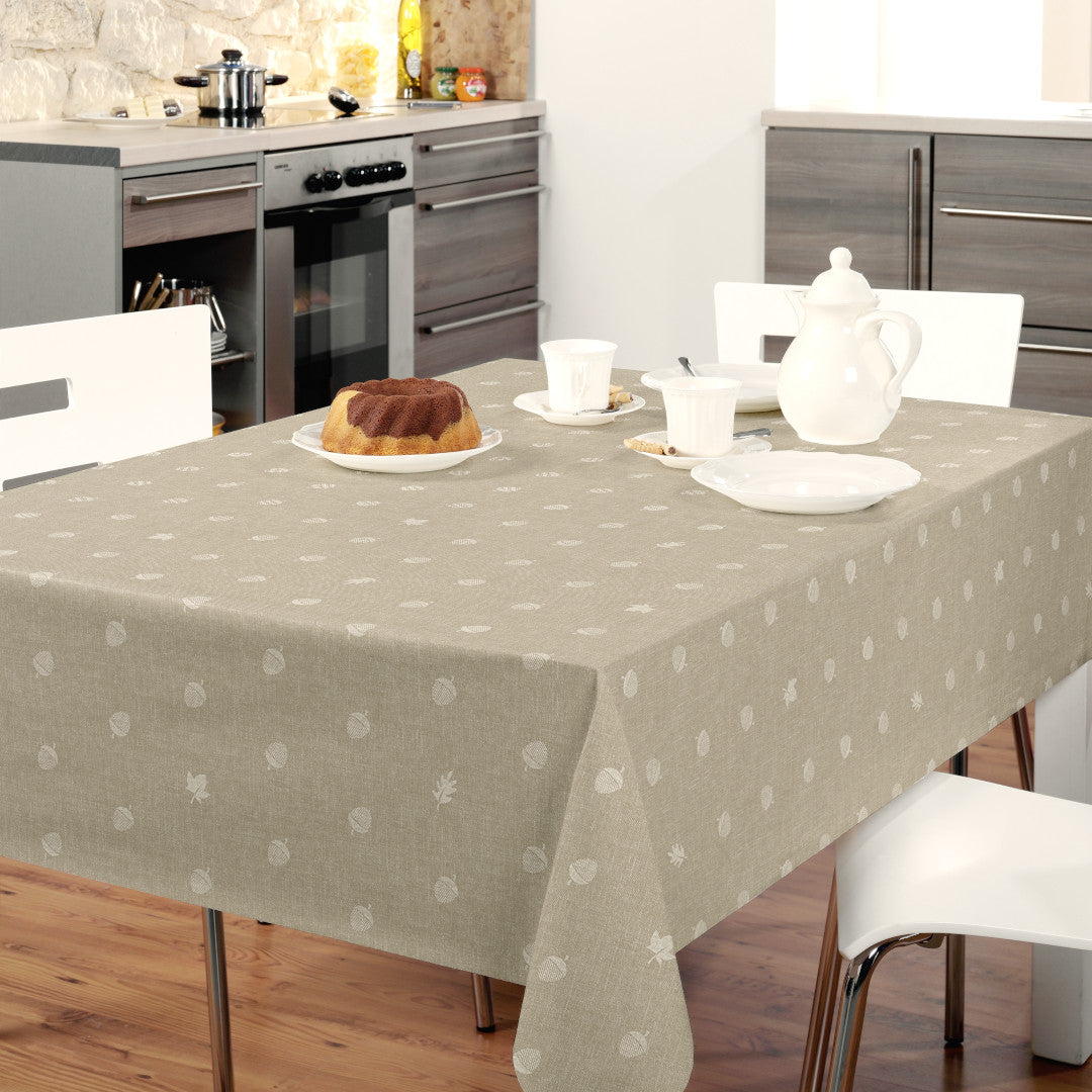 Nordfavn Bolota Beige – Voksdug med agern og blade i hørtryk, miljø