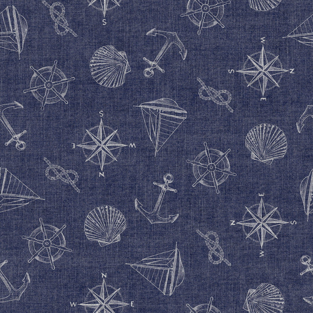 Nordfavn Captain - Blå voksdug med maritime motiver, mønster