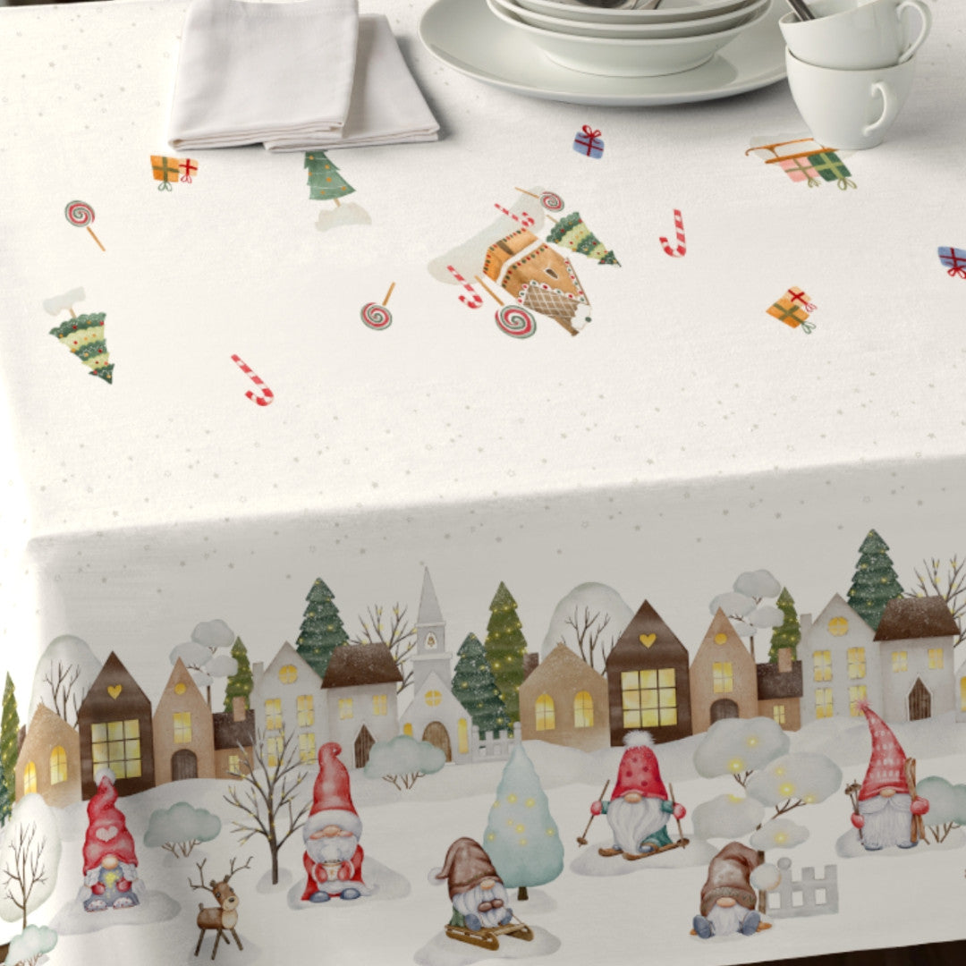 Nordfavn Elf – Juleakryldug med vinterby og nisser, mønster, nærbillede
