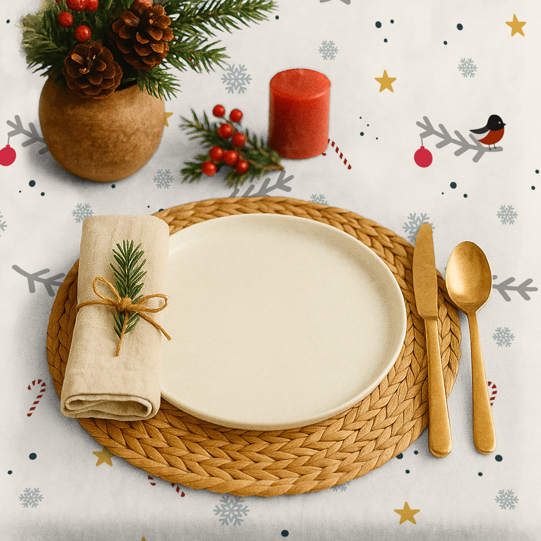 Nordfavn Eve – Juleakryldug med små fugle og grene, nærbillede, borddækning