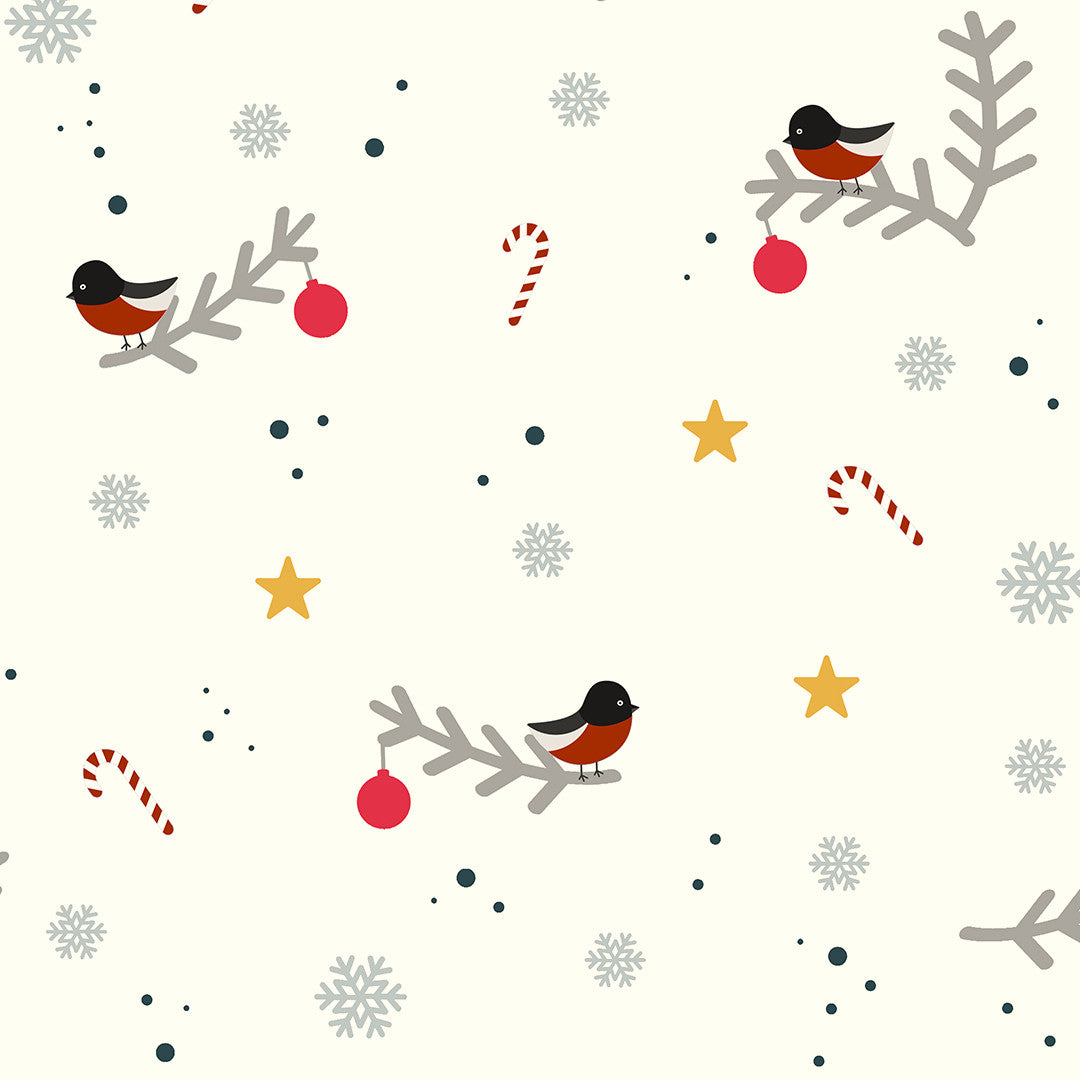 Nordfavn Eve – Juleakryldug med små fugle og grene, nærbillede, mønster