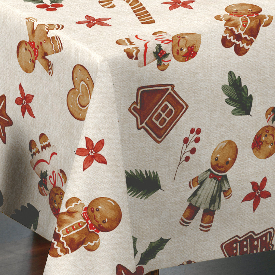 Nordfavn Gingerbread Lys hørlook – Julevoksdug med honningkager, hjørne