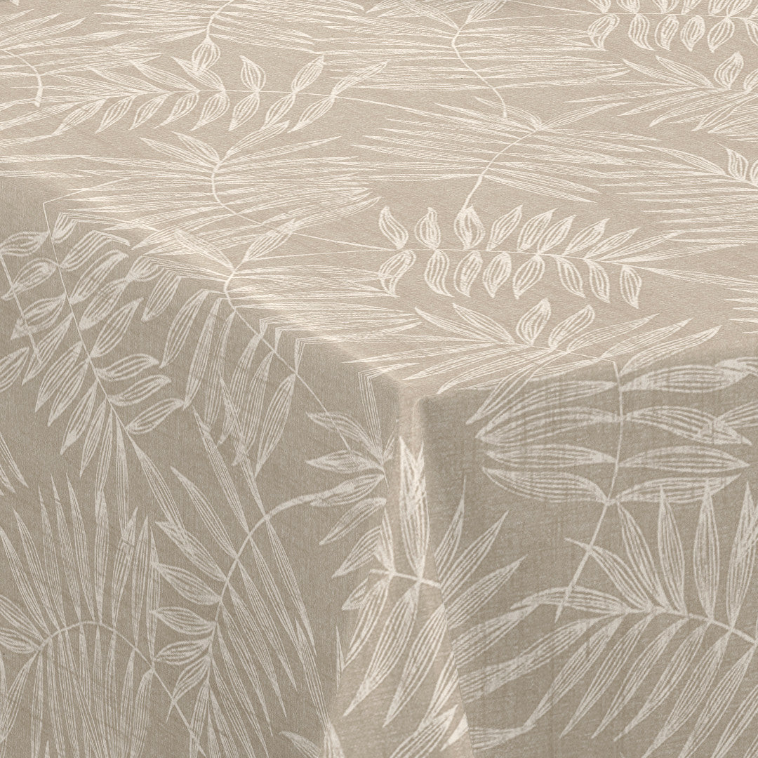 Nordfavn Hojas Beige – Voksdug med lyst bladmønster i hørtryk, hjørne