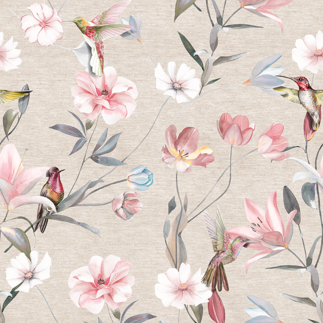 Nordfavn Life – Akryldug med kolibrier og blomster på naturfarvet bund