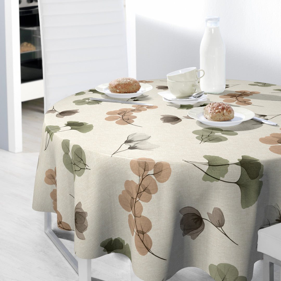 Nordfavn Organza Natur – Voksdug med let blomster- og bladmønster, rund