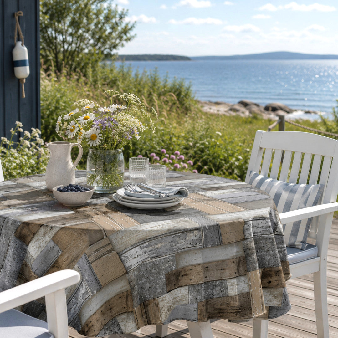 Nordfavn Patchwood – Rund glat voksdug med rustikt trælook, sommerhusstemning