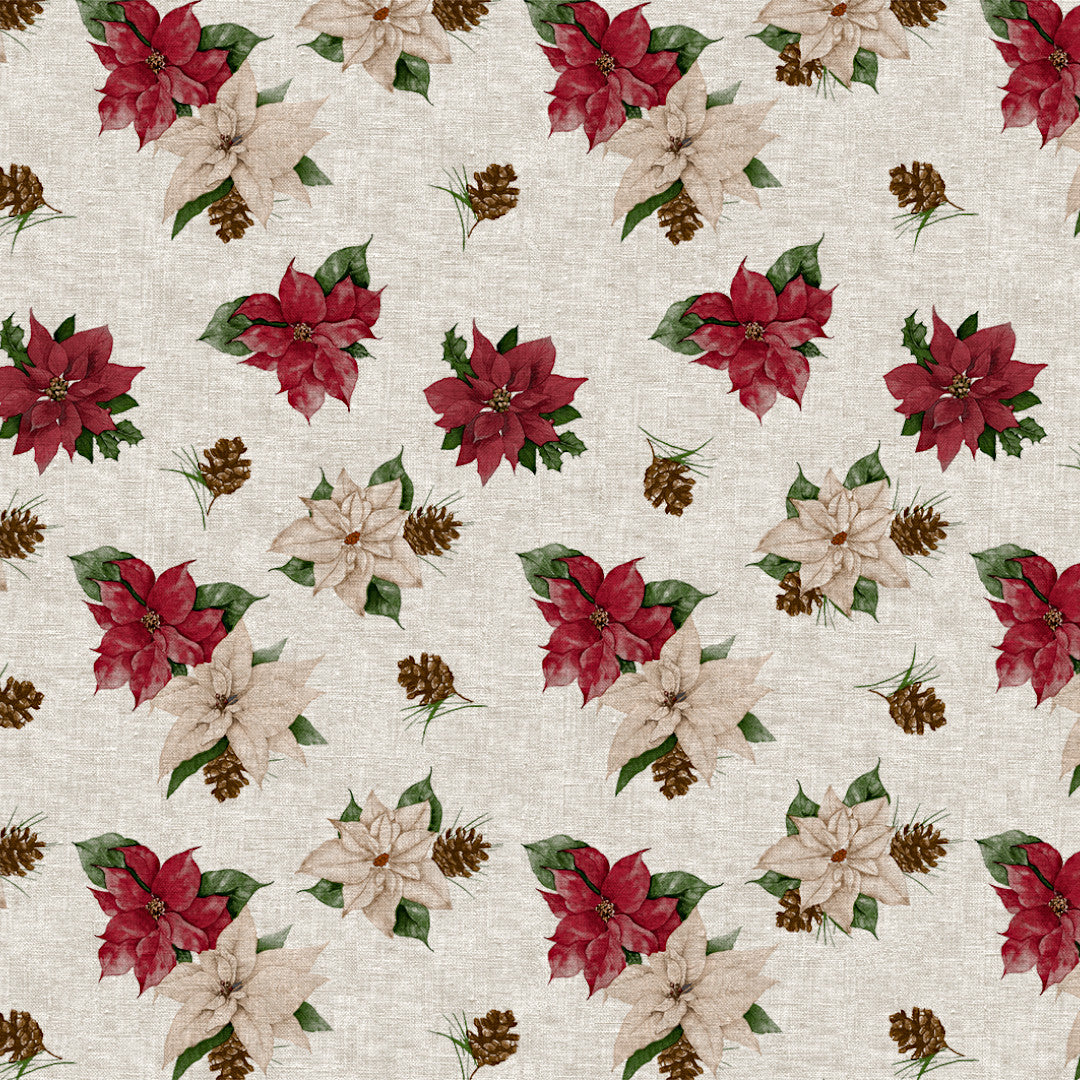 Nordfavn Poinsettia – Julevoksdug med hørlook og julestjerner, mønster