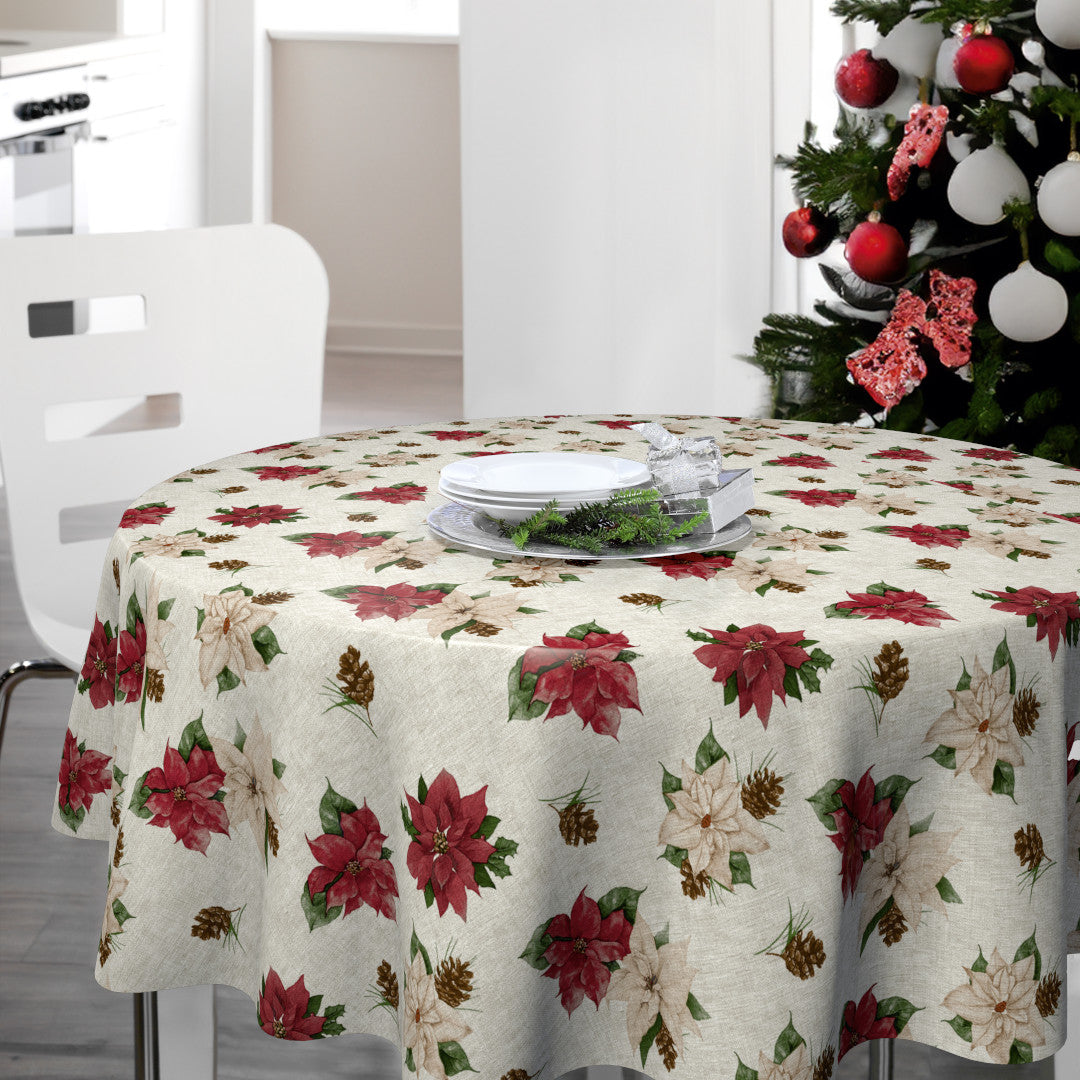 Nordfavn Poinsettia – Rund julevoksdug med hørlook og julestjerner