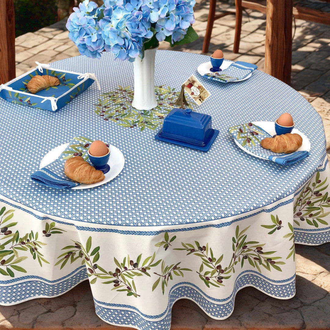 Nyons Blå - Rund akrylbelagt provencedug Ø 180, opdækning