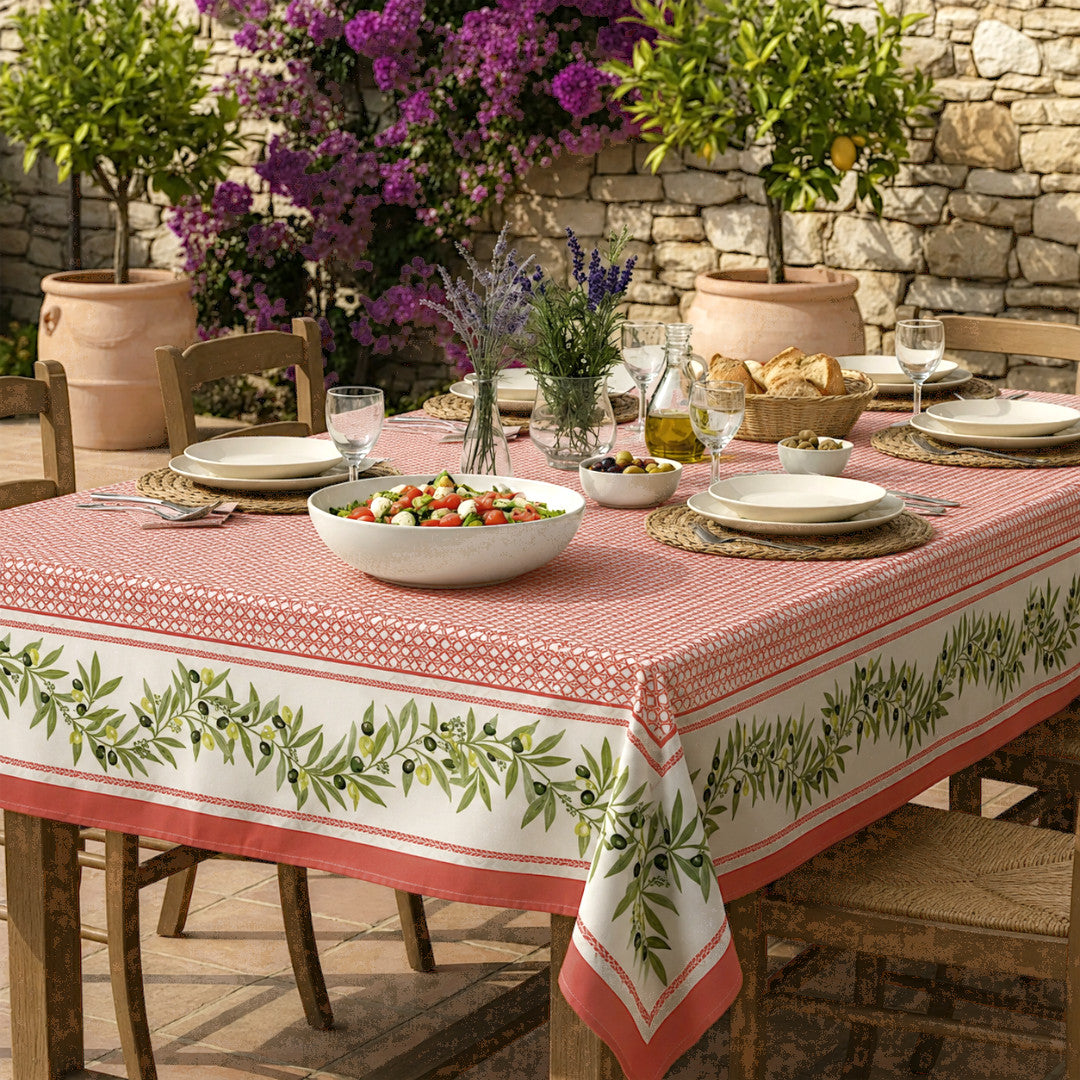 Nyons Terracotta - Rektangulær akrylbelagt provencedug 150 x 250 cm, havemiljø