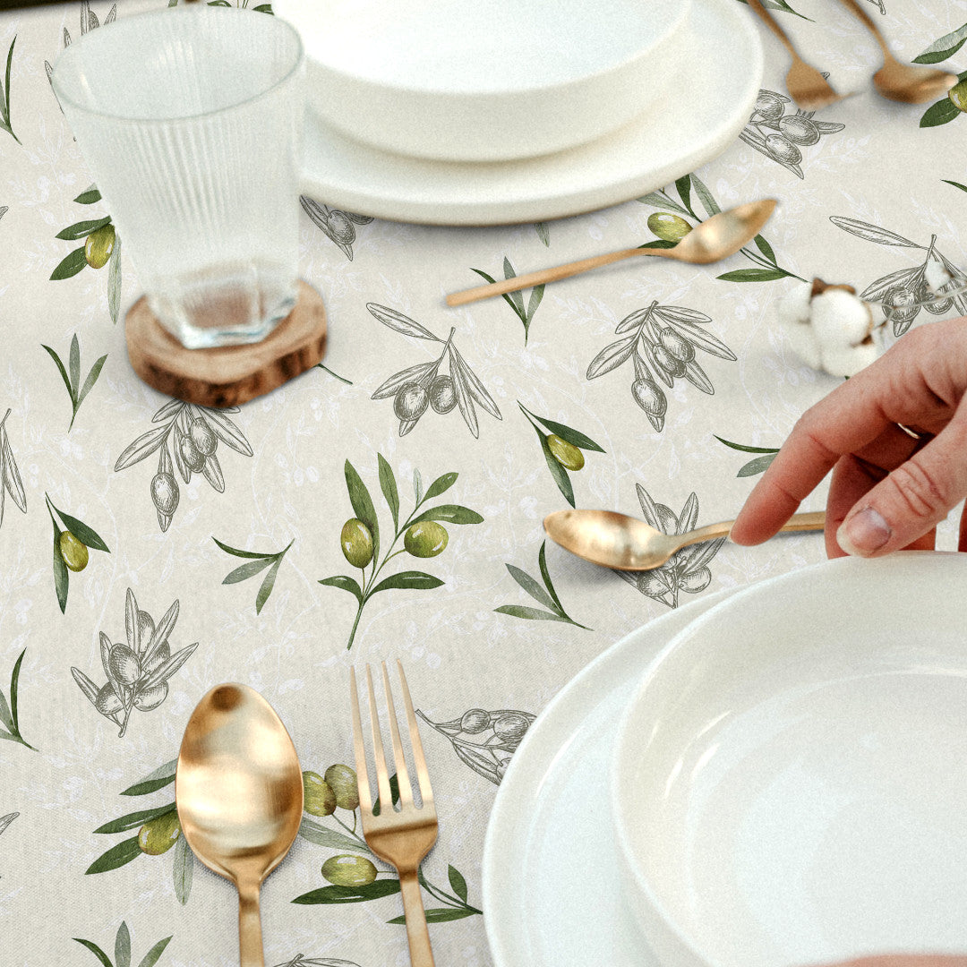 Oil – Akryldug med olivengrene i grønne nuancer, nærbillede