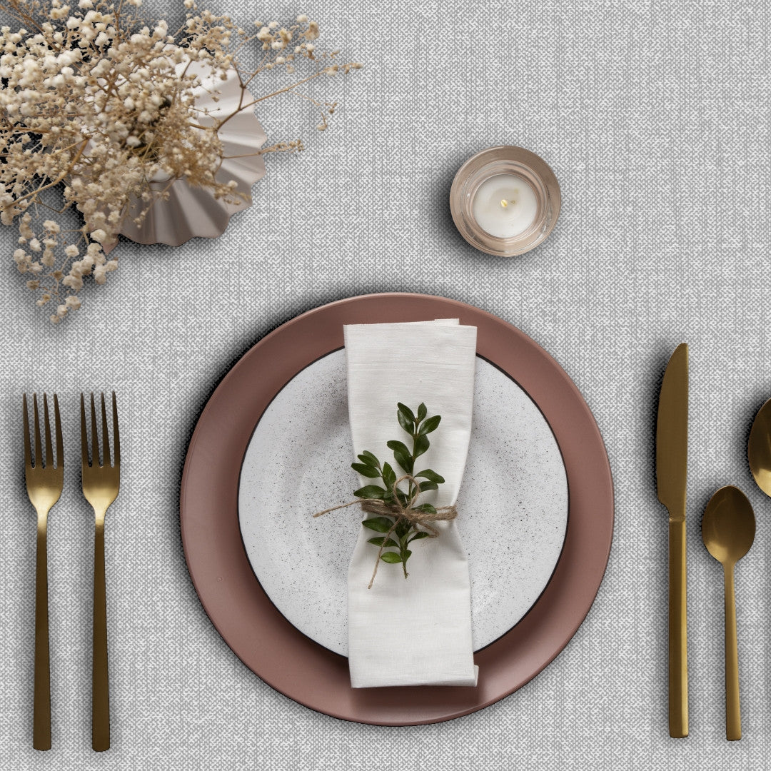 Oriel Grå - Ensfarvet glat voksdug med hørlook i grå, nærbillede