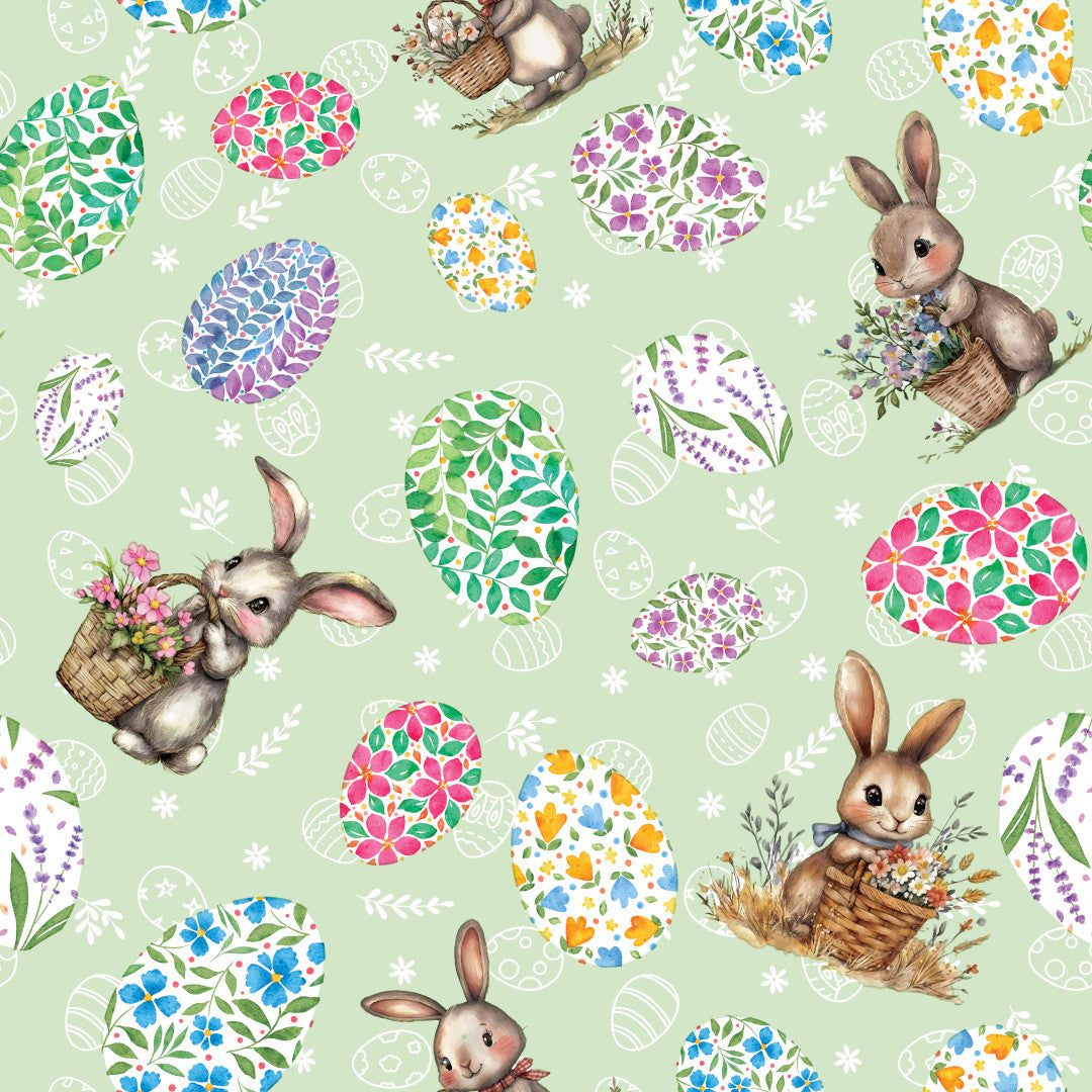 Påskehare Grøn – Påskevoksdug med hare og blomsteræg, motiv