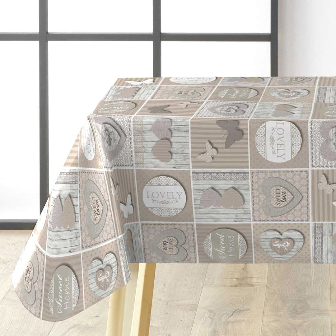 Papilys Grey - Voksdug med hjerter og sommerfugle i bløde naturfarver, hjørne