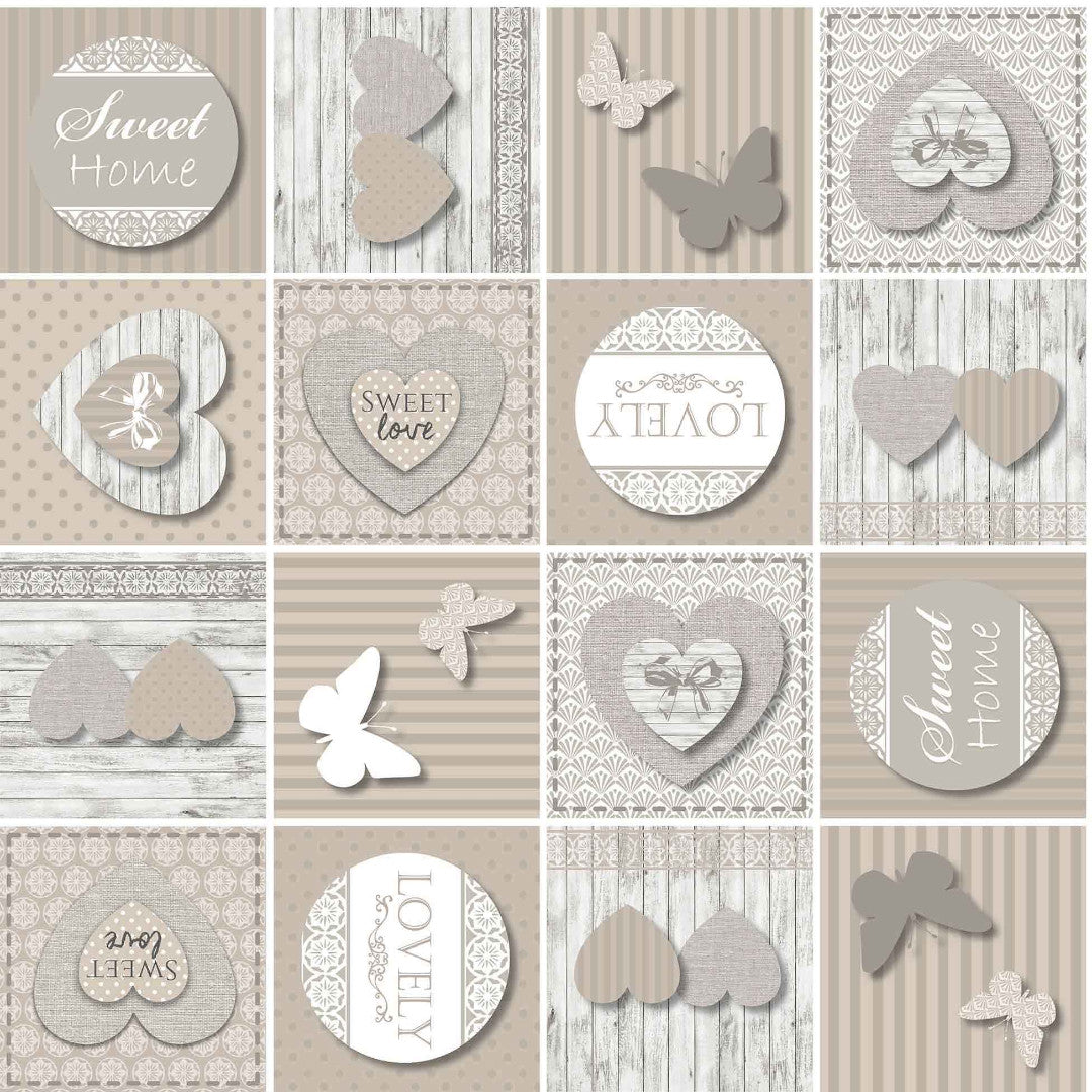 Papilys Grey - Voksdug med hjerter og sommerfugle i bløde naturfarver, mønster