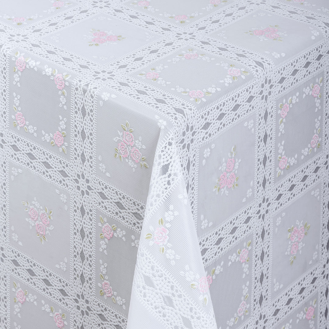 Blondevoksdug, blondedug med rose i kvadrater - Hvid/pink, hjørne