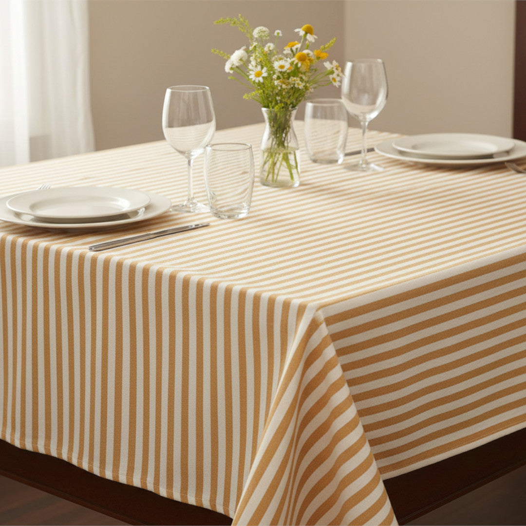 Sennepsgul Nordisk Strib – Akryldug i rustikt hørlook, miljø