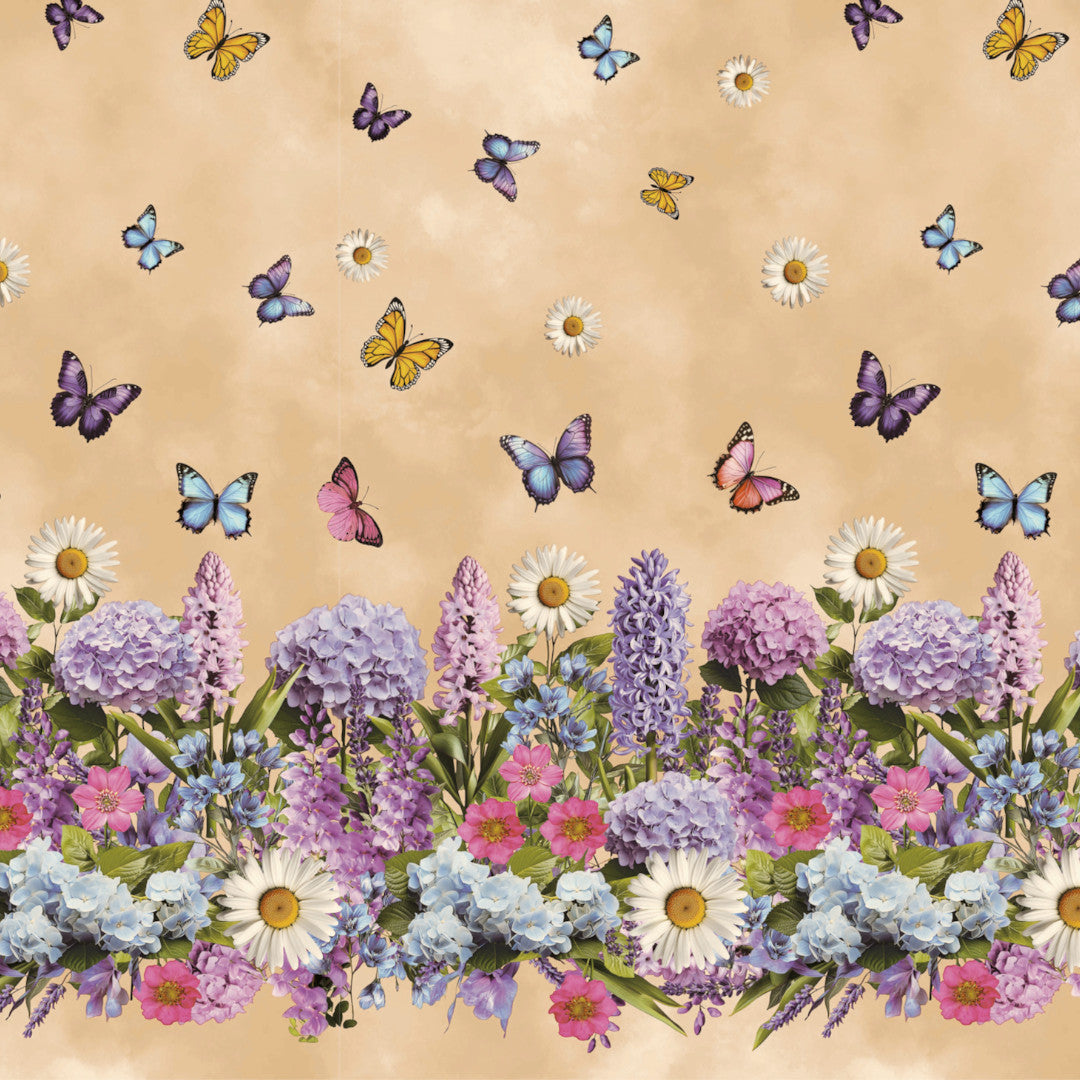 Sommereng Beige – Voksdug med blomster og sommerfugle, mønster
