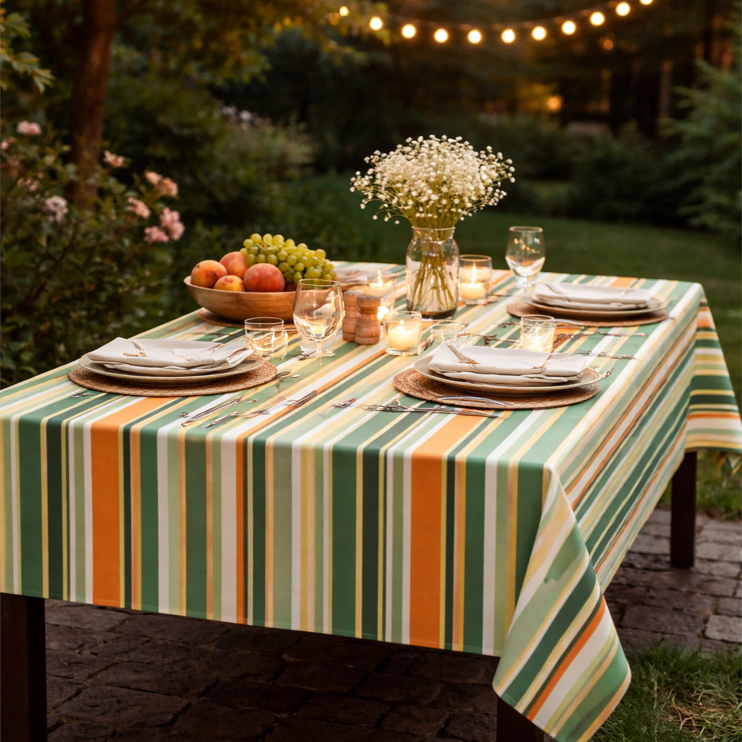 Sommerstribe – Grøn og orange stribet voksdug, mønster, sommerstemning