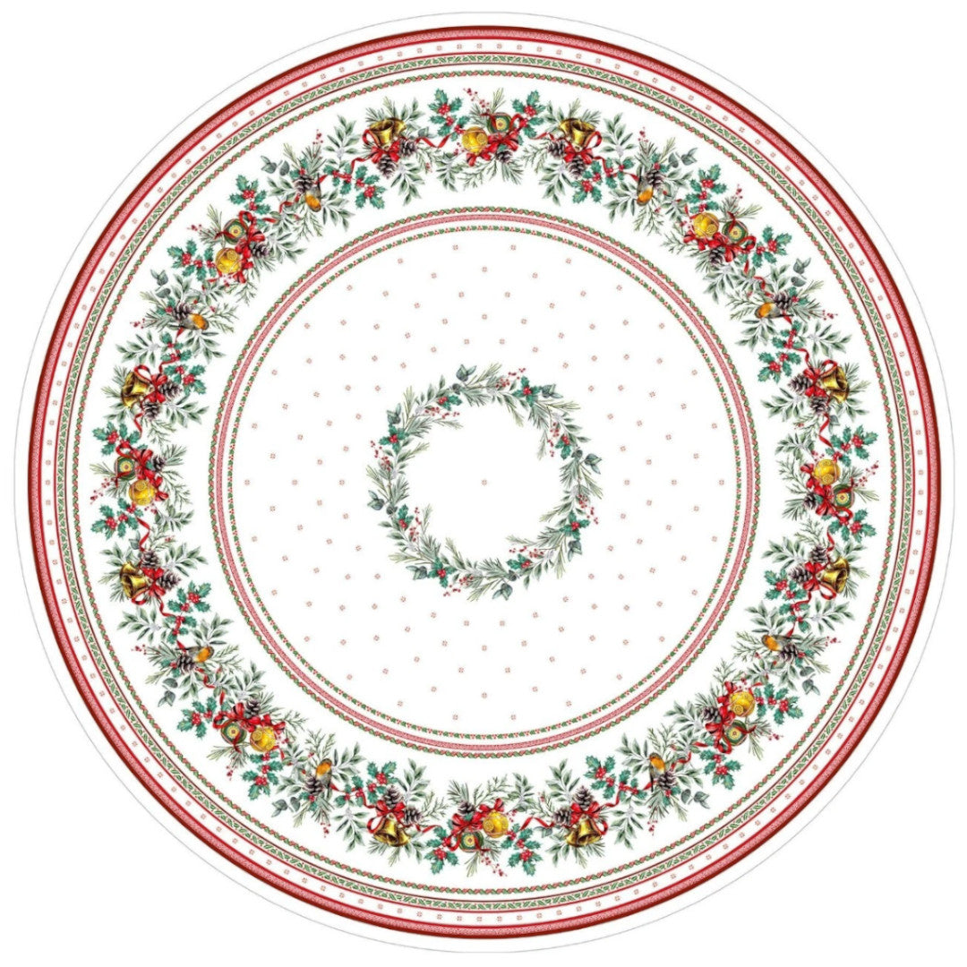 Sylvestre Hvid – Rund akrylbelagt fransk juledug, Ø 230 cm, mønster