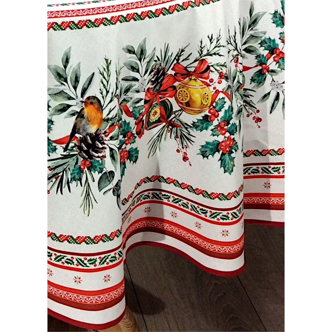 Sylvestre Hvid – Rund akrylbelagt fransk juledug, Ø 230 cm, nærbillede