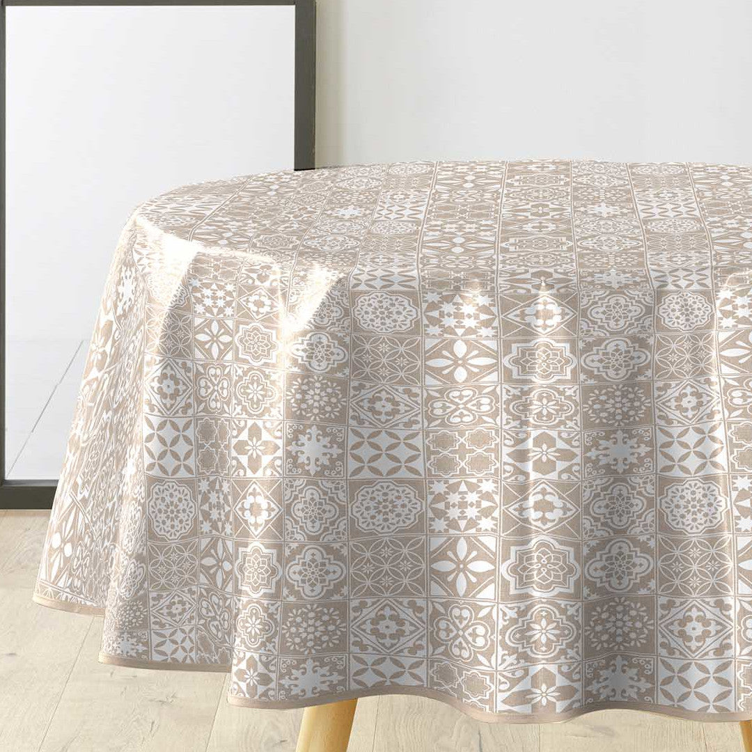 Textilia Carella – Rund voksdug med klassisk kakelmønster i beige, Ø 155 cm