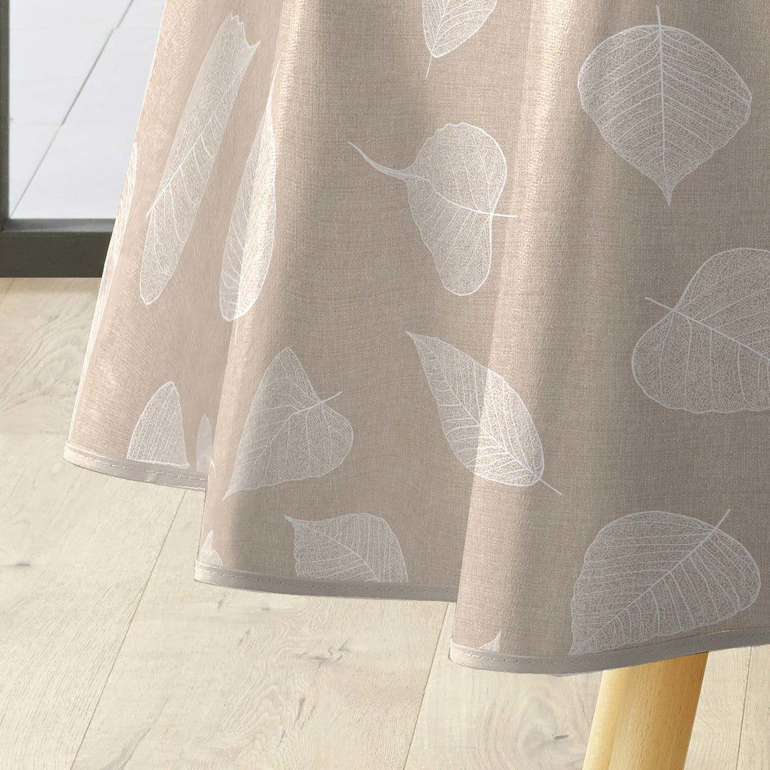 Textilia Feuillys - Rund voksdug i hørlook med hvide stregblade, Ø 155 cm, kant