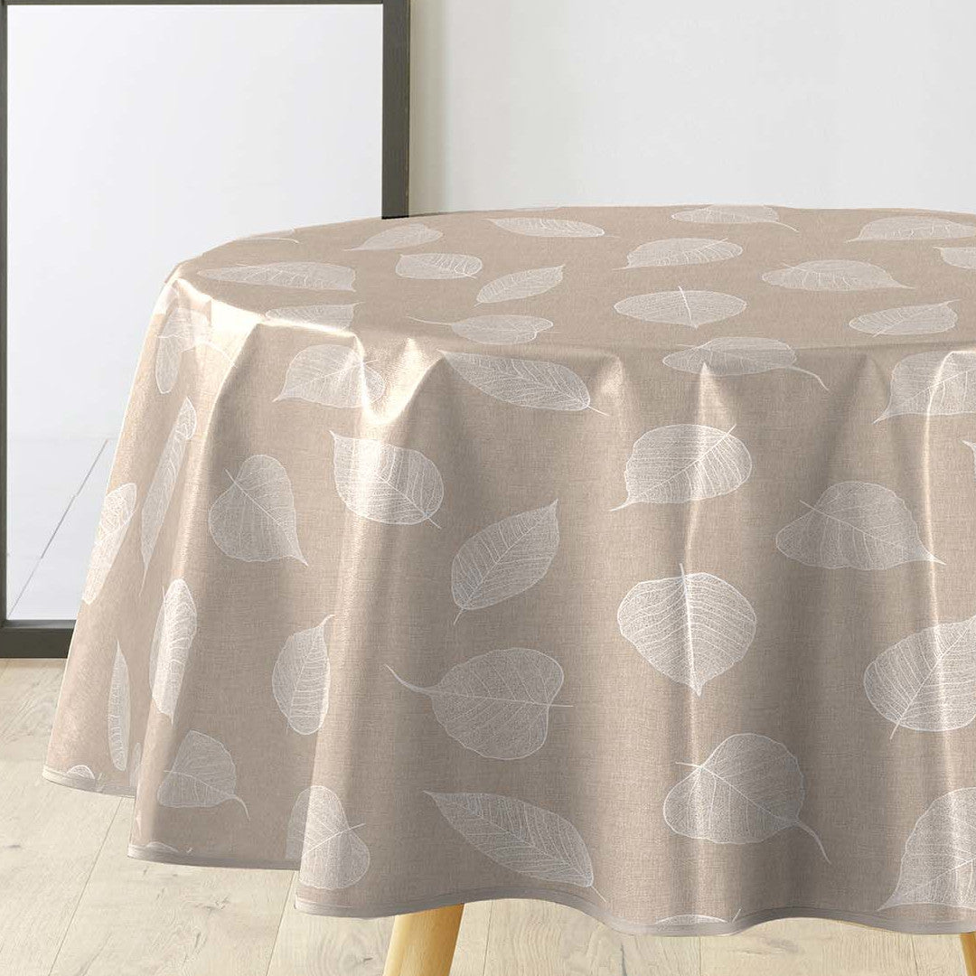 Textilia Feuillys - Rund voksdug i hørlook med hvide stregblade, Ø 155 cm