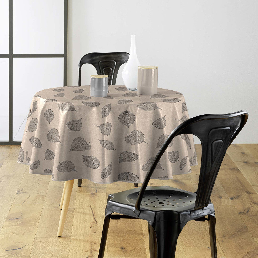 Textilia Feuillys – Rund voksdug i hørlook med sorte stregblade, Ø 155 cm, miljø