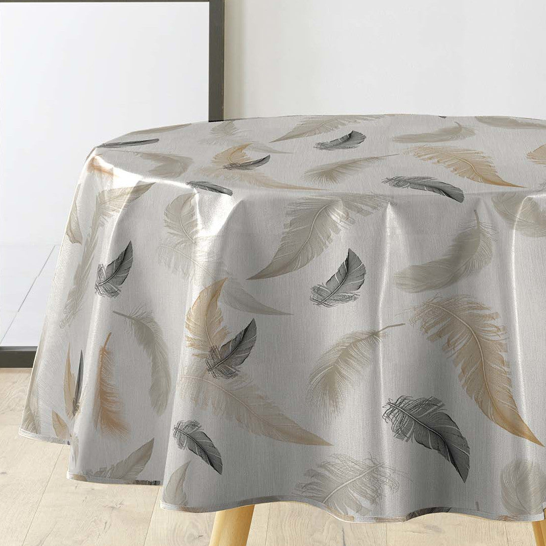 Textilia Folea - Rund voksdug med fjer i naturfarver, Ø 155 cm