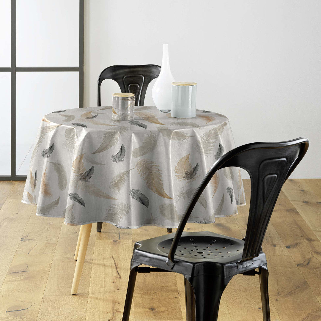 Textilia Folea - Rund voksdug med fjer i naturfarver, Ø 155 cm, miljø