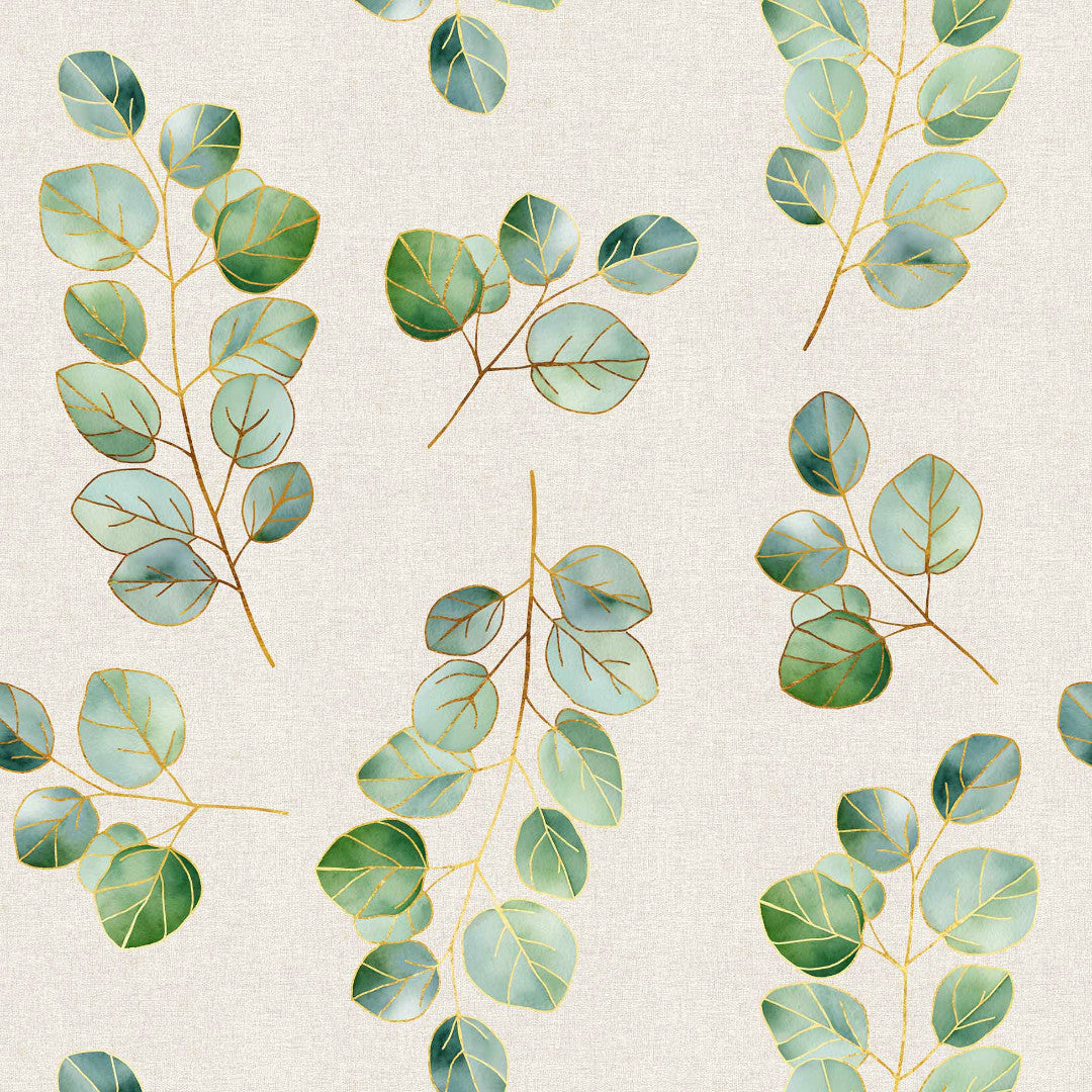 Textilia Glitter Eucalyptus – Voksdug i hørlook med guldeffekt, mønster