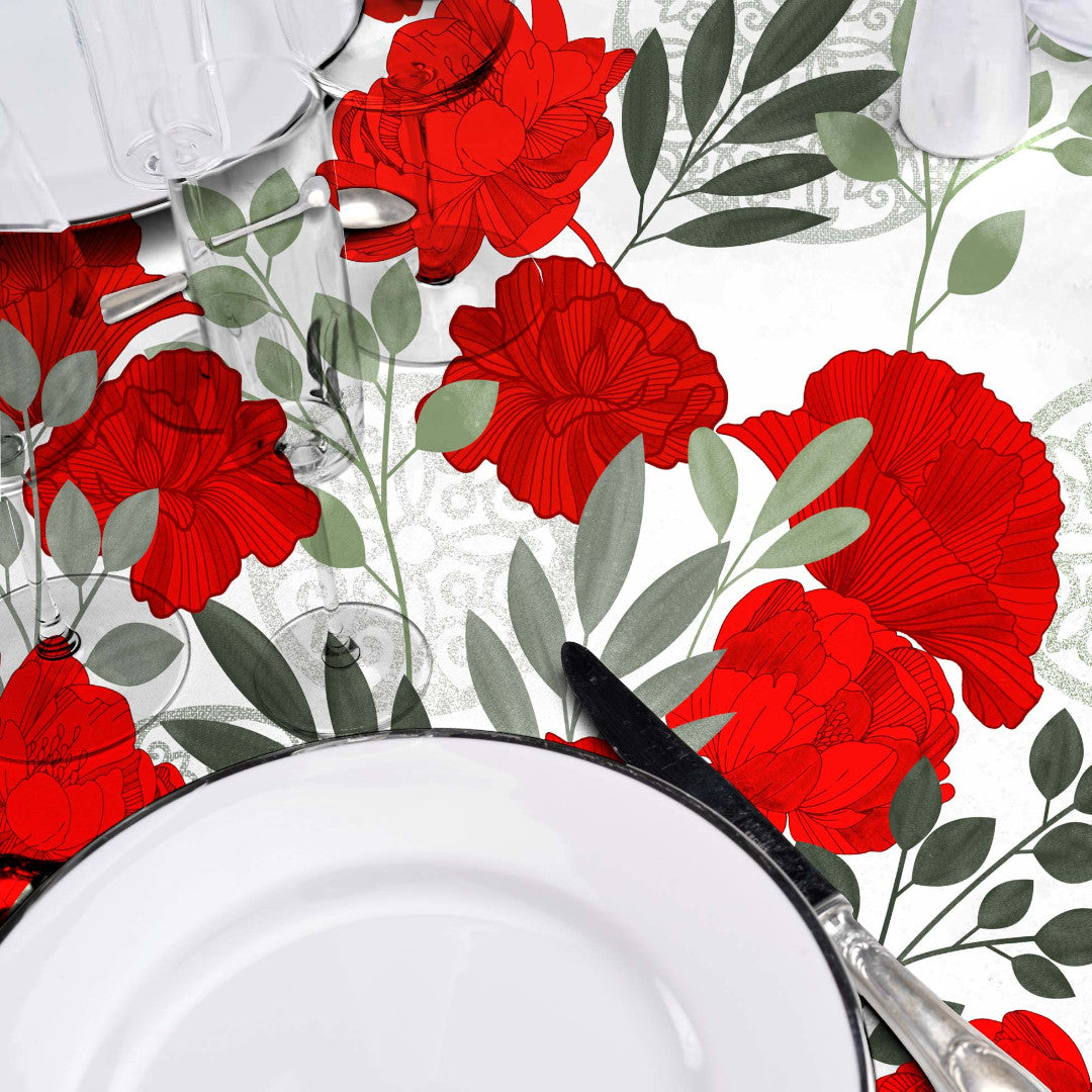 Textilia Occitanie - Rund voksdug med flotte røde blomster, Ø 155 cm, nærbillede