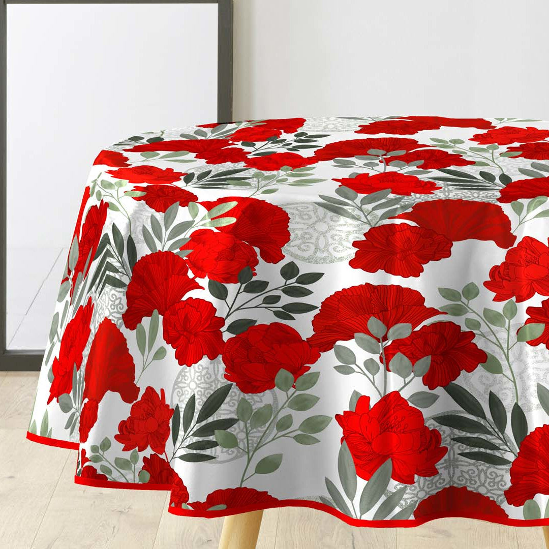 Textilia Occitanie - Rund voksdug med flotte røde blomster, Ø 155 cm