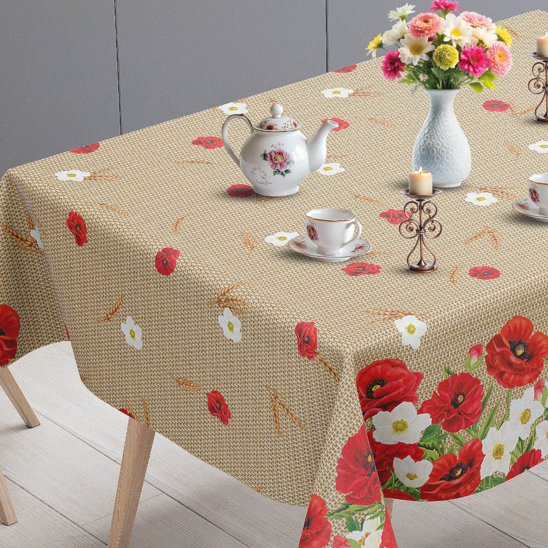 Valmueeng – Beige voksdug med valmuer og hessianlook, bordende